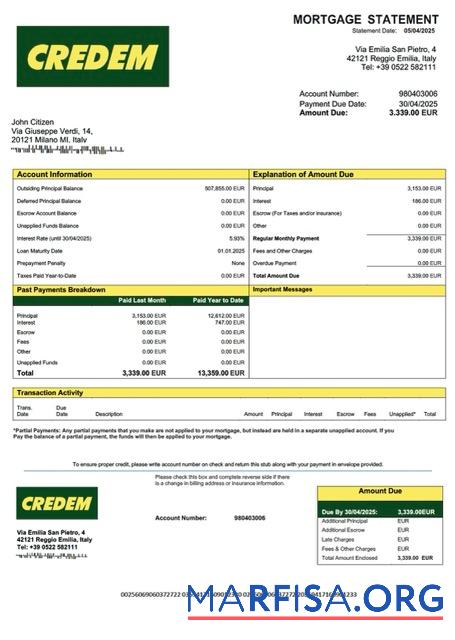 Printable Italy Credito Emiliano mortgage statement Word and PDF template